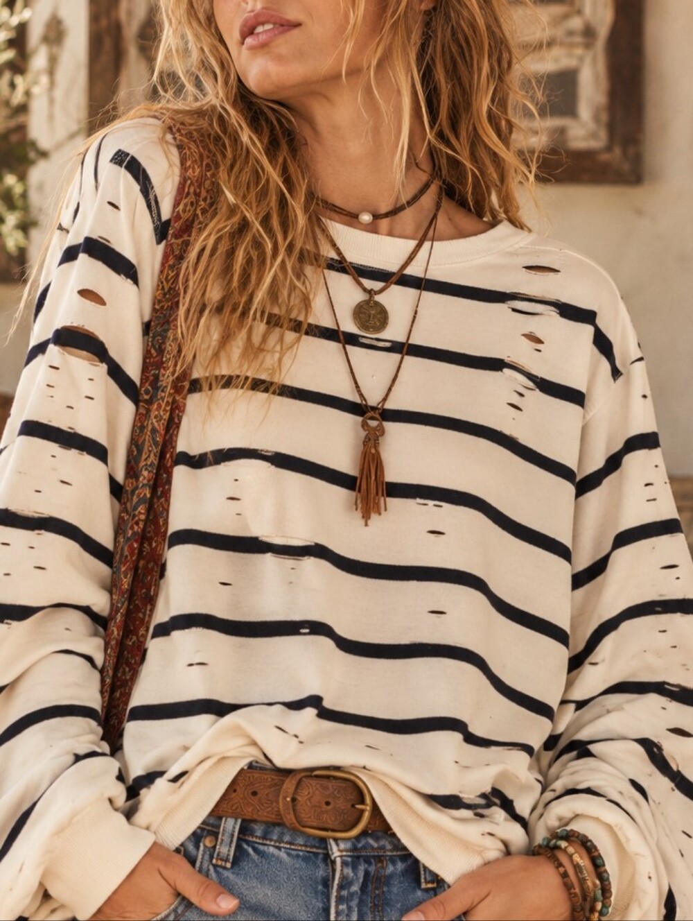 POL Distressed Black and White Striped Top NWOT S
